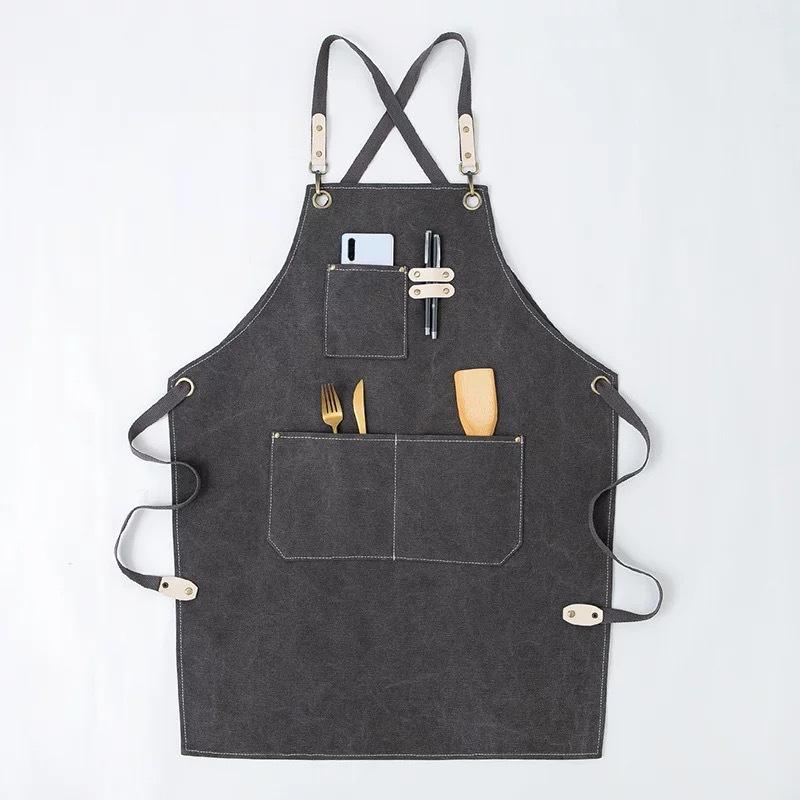 Heavy Duty Canvas Garden BBQ Coffee Shop Custom Logo Aprons Work Durable Aprons With Tool Pockets